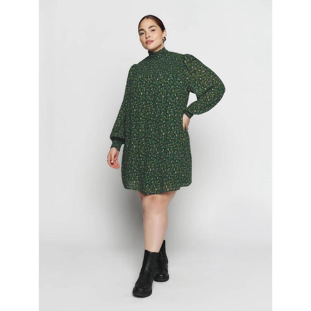 Reformation Brandi Green Floral Long Sleeve Smocked Mock Neck‎ Mini Dress Size S - Picture 2 of 8